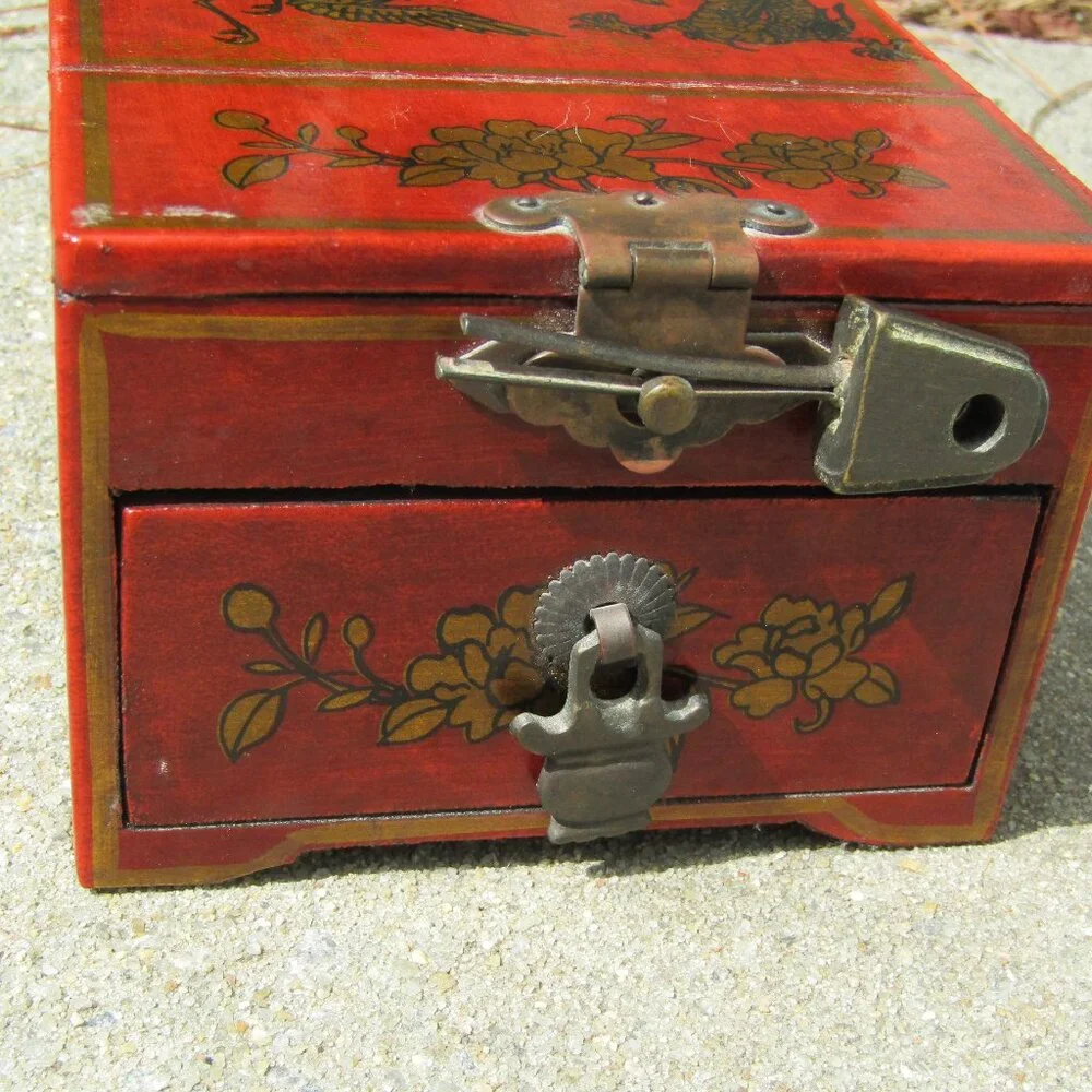 Vintage Chinese Red Lacquer Vanity Jewelry Box with Mirror & Dragon Motif